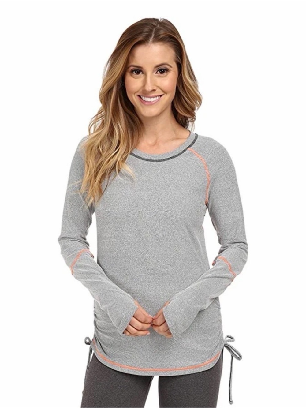 LUCY Gray Dashing Stripe Long Sleeve Ruched Side Ties Athletic Activewear Top